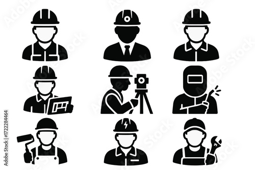Construction workers silhouette icon set. featuring engineer, surveyor, painter, architect, electrician, and welder symbols