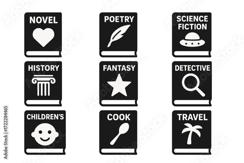 Book genres silhouette icon set. featuring novel, poetry, science fiction, history, fantasy, detective, children's, cook, travel