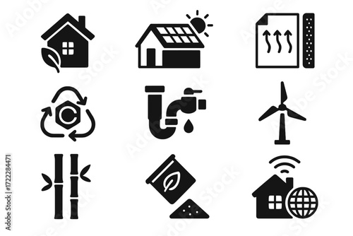 Eco-friendly silhouette icon set. featuring sustainable home, solar energy, recycling, water conservation, wind power