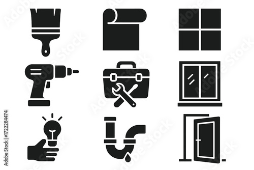 Home renovation silhouette icons set. featuring paint brush, wallpaper, window, toolbox, drill, light bulb, pipe, door