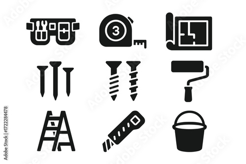 Construction tools silhouette icon set. featuring goggles, tape measure, blueprint, nails, screws, roller, ladder, cutter, bucket