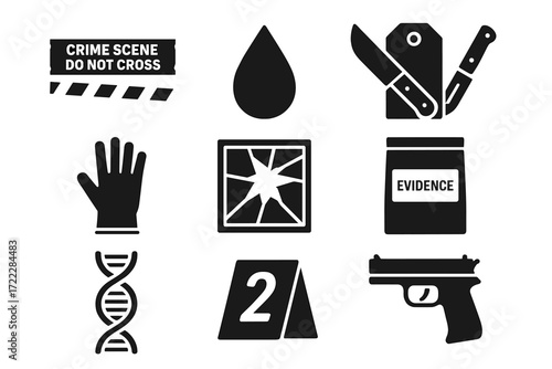 Crime scene silhouette icons set. featuring evidence, gun, dna, knife, glove, blood drop symbols