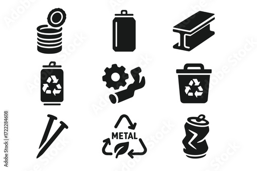 Recycling materials silhouette icon set. featuring cans, steel beam, recycle bin, nails, and gear
