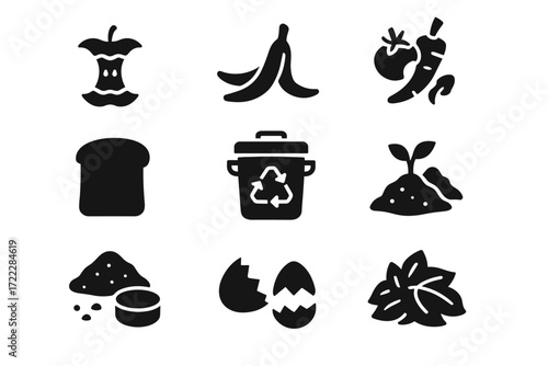 Waste management silhouette icon set. featuring recycling bin, compost, waste, food scraps, and leaves symbols