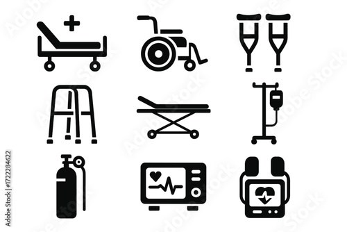 Medical equipment silhouette icon set. featuring wheelchair, crutches, iv stand, hospital bed, and defibrillator symbols