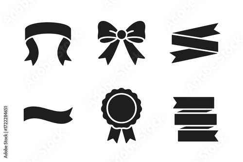 Elegant silhouette icon set. featuring ribbon, bow, badge, award, banner, and rosette symbols