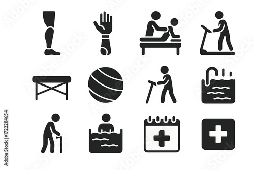 Physiotherapy silhouette icon set. featuring prosthetics, massage, walker, aquatic therapy, and calendar symbols