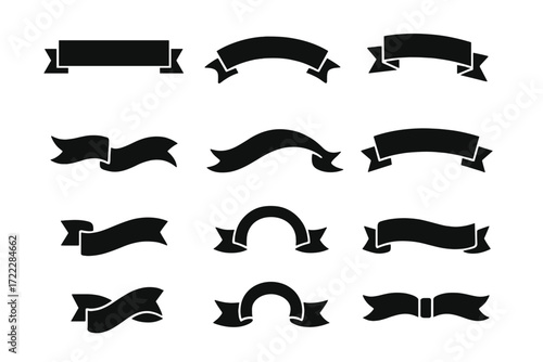 Decorative ribbons silhouette icon set. featuring banners, arches, waves, twists, loops, and folds