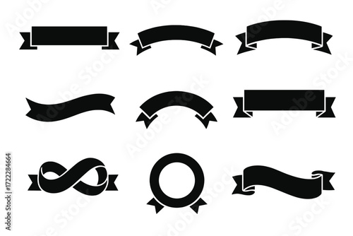 Celebration silhouette icons set. featuring ribbon, banner, festive, loop, wavy, round, and classic designs