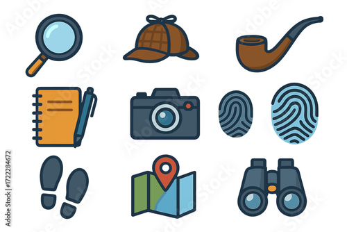 Detective flat icon set. featuring magnifying glass, deerstalker hat, pipe, notebook, camera, fingerprints, footprints, map, and binoculars