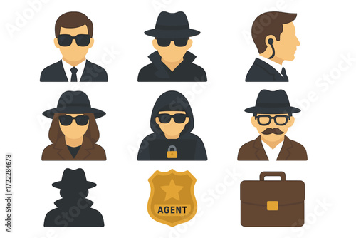Spy equipment flat icon set. featuring agent, sunglasses, hat, badge, earpiece, and briefcase symbols
