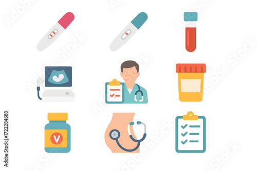 Pregnancy and medical test flat icon set. featuring pregnancy test, ultrasound, doctor, prescription, medicine