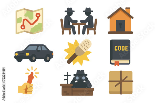 Espionage flat icon set. featuring map, agents, safe house, car, flashlight, spybook, flare, watch, decode