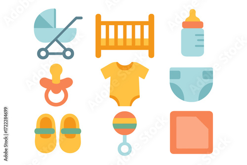 Baby essentials flat icon set. featuring stroller, crib, bottle, pacifier, onesie, diaper, shoes, rattle, and file symbols