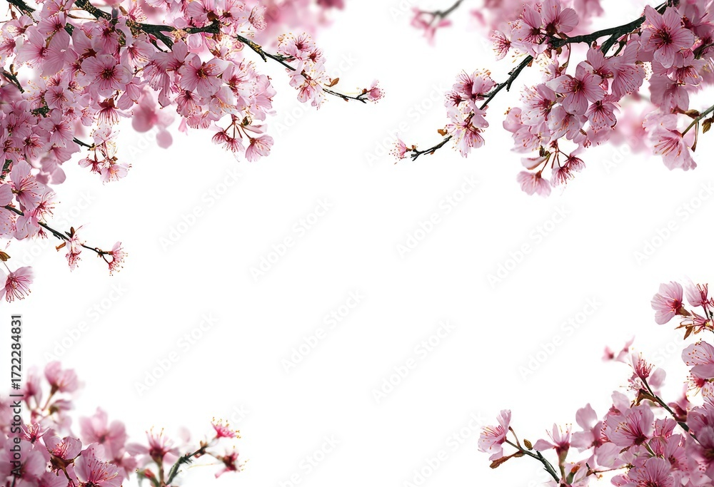 Fototapeta premium Delicate pink cherry blossoms frame a blank white space