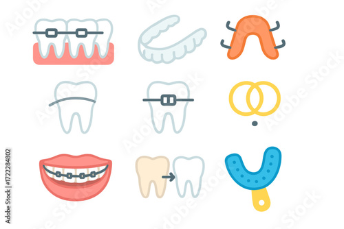 Dentistry flat icon set. featuring braces, retainer, aligner, cavity, tooth, teeth, dental care, orthodontist