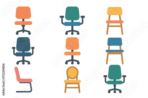 Office chairs silhouette icon set. featuring computer, swivel, ergonomic, armchair, and conference icons