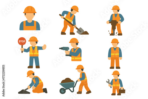 Construction workers flat icon set. featuring worker, shovel, jackhammer, stop sign, drill, wheelbarrow, wrench, and toolbox symbols