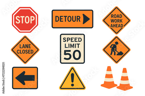 Traffic warning flat icon set. featuring stop, detour, speed limit, road work, cones, and caution signs