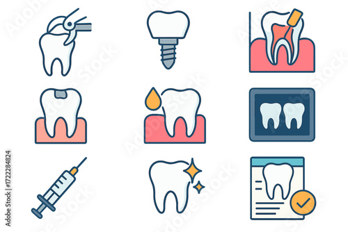 Dental care linear icon set. featuring tooth extraction, implant, root canal, x-ray, and syringe symbols