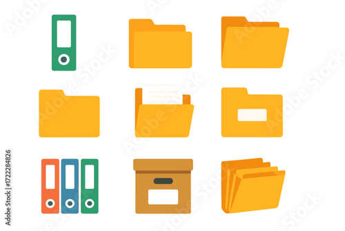 Office file organization flat icon set. featuring folders, binders, archives, and paperwork symbols