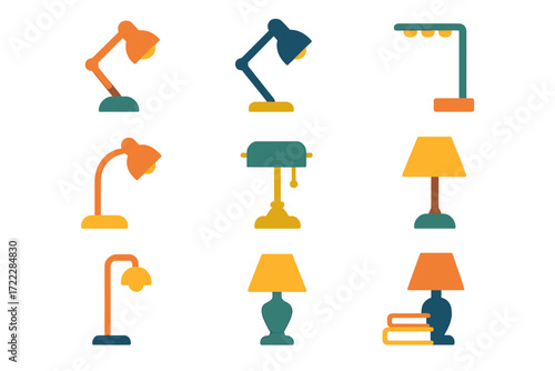 Lighting equipment flat icon set. featuring desk, floor, table lamps with various designs and styles.