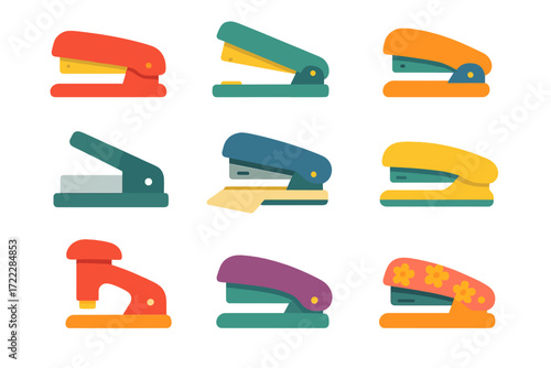 Office supplies flat icon set. featuring stapler designs in various colors and styles