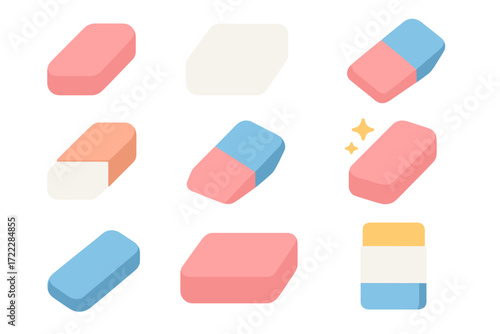 Office supplies flat icon set. featuring eraser variations in different colors and angles