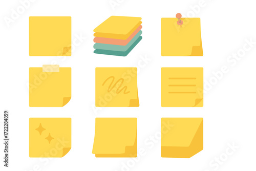 Note taking flat icon set. featuring sticky notes, memo, pin, list, sparkle, writing, and paper symbols