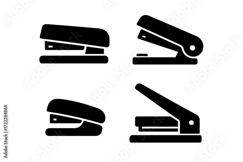 Office tools silhouette icon set. featuring stapler, hole punch, and various paper fasteners