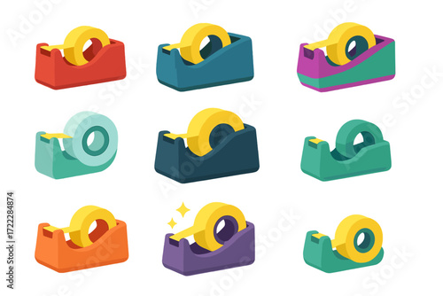 Office supplies flat icon set. featuring tape dispensers and rolls in various colors