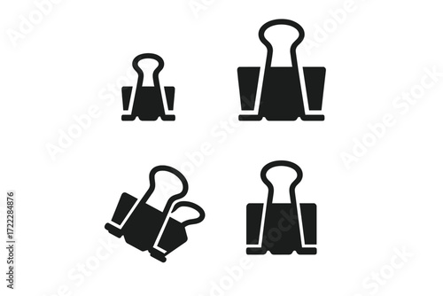 Office supplies silhouette icon set. featuring binder clip in different orientations