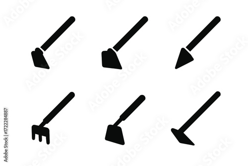 Gardening tools silhouette icon set. featuring hoe, spade, trowel, rake, weeder, and scoop symbols