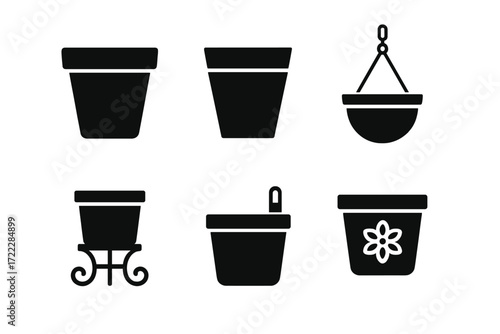 Gardening tools silhouette icon set. featuring flowerpots, planter, hanging pot, and decorative pot symbols
