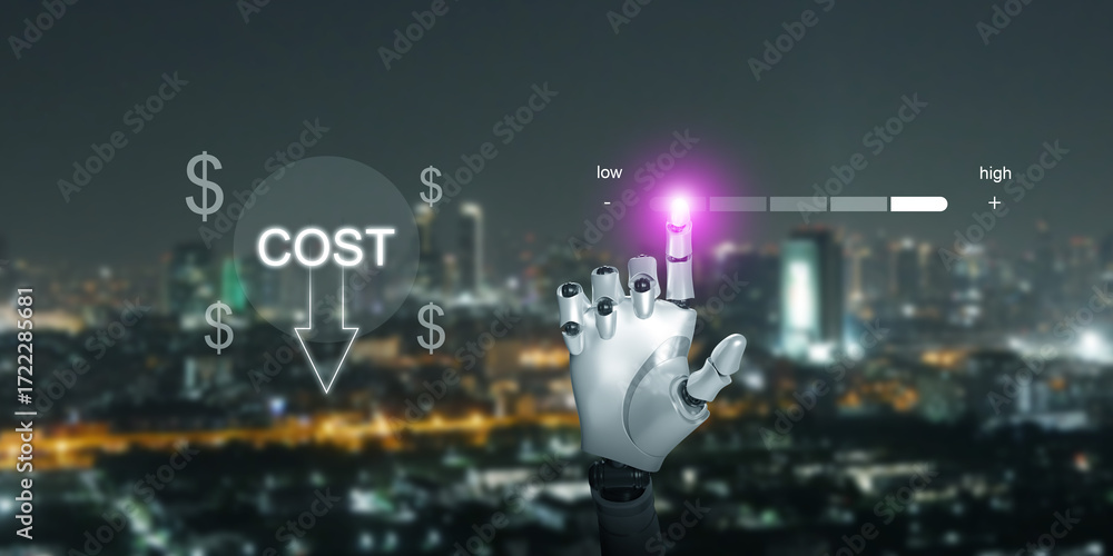 Fototapeta premium Futuristic robotic hand adjusting digital cost control with AI technology, symbolizing automation, innovation, and smart solutions for reducing business expenses in modern industry.