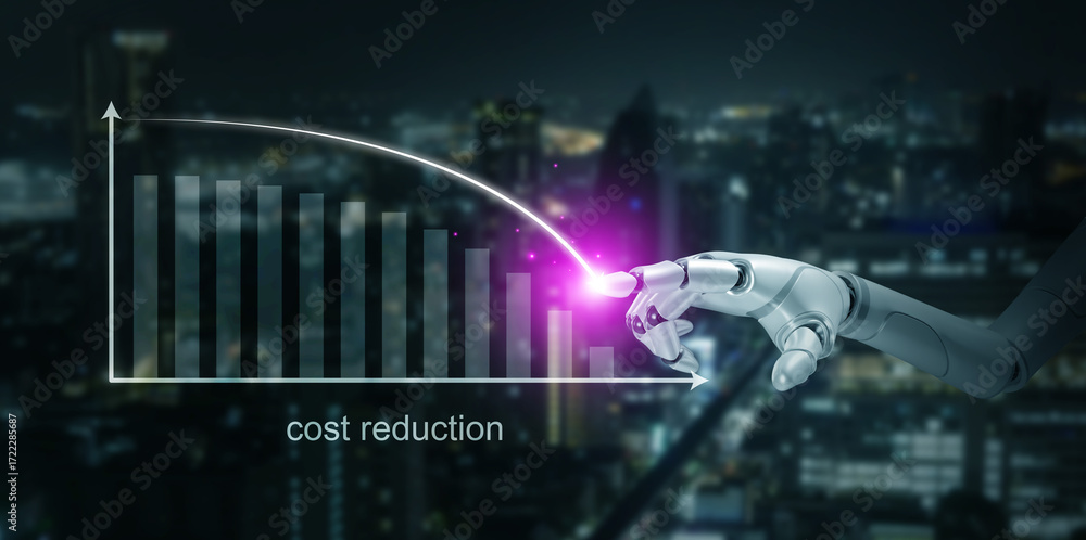 Fototapeta premium Robotic hand using artificial intelligence to reduce costs on futuristic digital graph, symbolizing automation, innovation, and smart technology for financial savings in modern business.