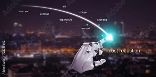 Robotic hand with AI technology controlling digital cost reduction curve, symbolizing automation, expense optimization, and innovative solutions for smarter business and financial management.