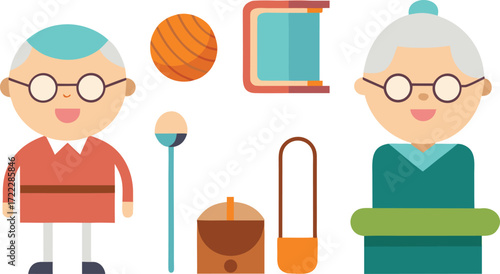 Grandparents day icons set vector illustration of knitting and sewing elements for celebrations isolated on transparent background
