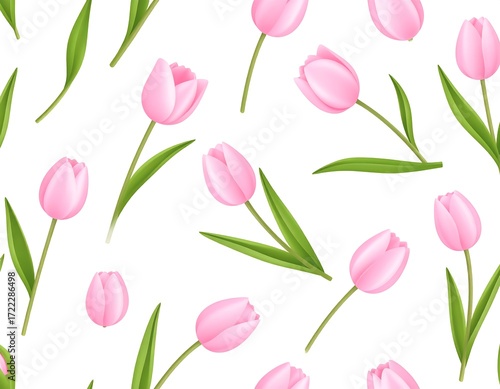 Seamless pattern of pink tulips on white background
