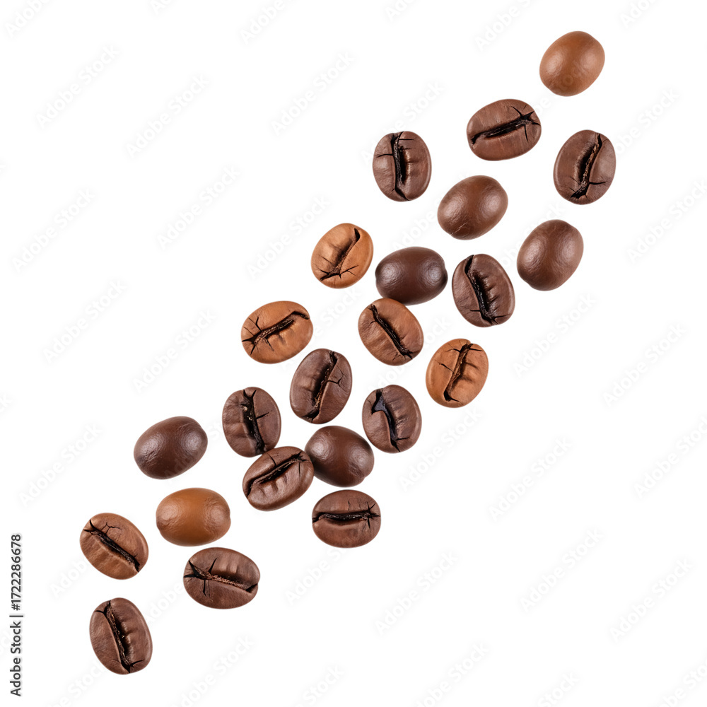 Naklejka premium Scattered roasted coffee beans isolated on transparent background, perfect for a coffee break or a morning pickmeup concept