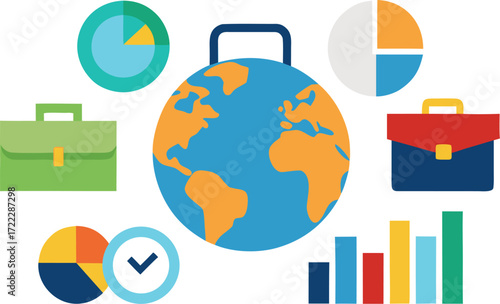 Global business icons vector illustration with earth graph and briefcases eps isolated on transparent background