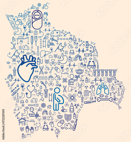 Map of Bolivia formed by icons related to medicine and healthcare system. SUS. Public healthcare. America