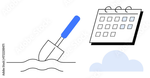 Shovel digging soil, calendar with marked days, and a cloud highlight planning, groundwork, and productivity. Ideal for scheduling, strategy, deadlines, growth preparation agriculture simple flat