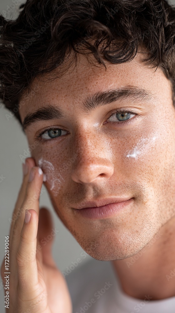 Obraz premium A young man applying facial cream to his skin, showcasing a natural beauty routine that involves skincare for a healthy complexion and vibrant appearance, promoting self-care rituals.
