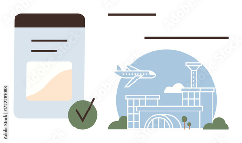 Airplane soaring above airport terminal next to ticket or document with approval check mark. Ideal for travel, aviation, booking, tourism, documentation, transportation, modern flat metaphor