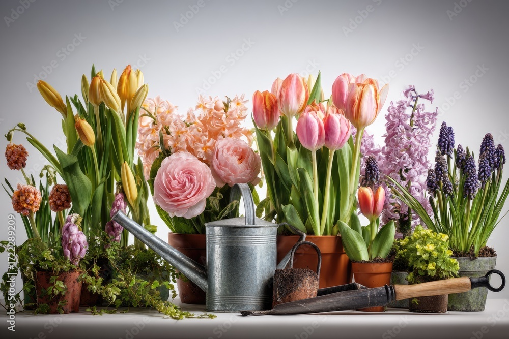 Obraz premium Spring flowers and gardening tools arranged on a white surface.