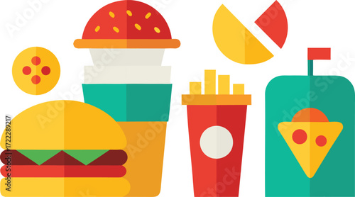 Vector illustration of fast food items burger fries pizza drinks iconic design isolated on transparent background