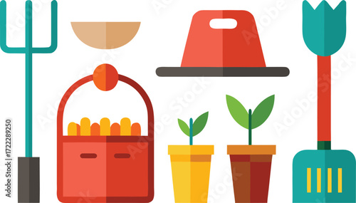 Vector farming tools illustration pitchfork basket seeds and potted plants eps isolated on transparent background