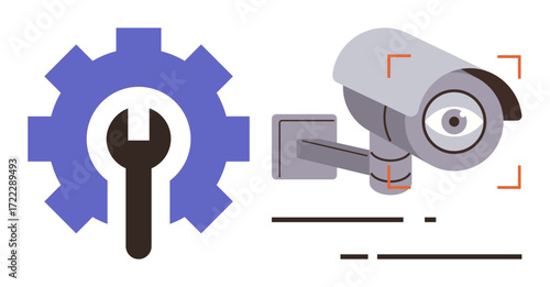 Gear with wrench alongside CCTV camera in focus, visualizing security, surveillance, and system maintenance. Ideal for technology, repair, monitoring, protection, IT services safety and system