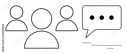 Three outlined figures next to a speech bubble with three dots representing dialogue, teamwork, engagement, and collaboration. Ideal for communication, brainstorming, networking, discussion, group